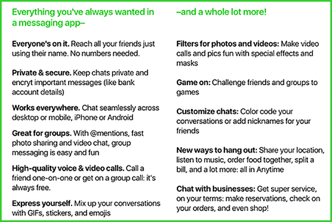 amazon anytime chat app feature list